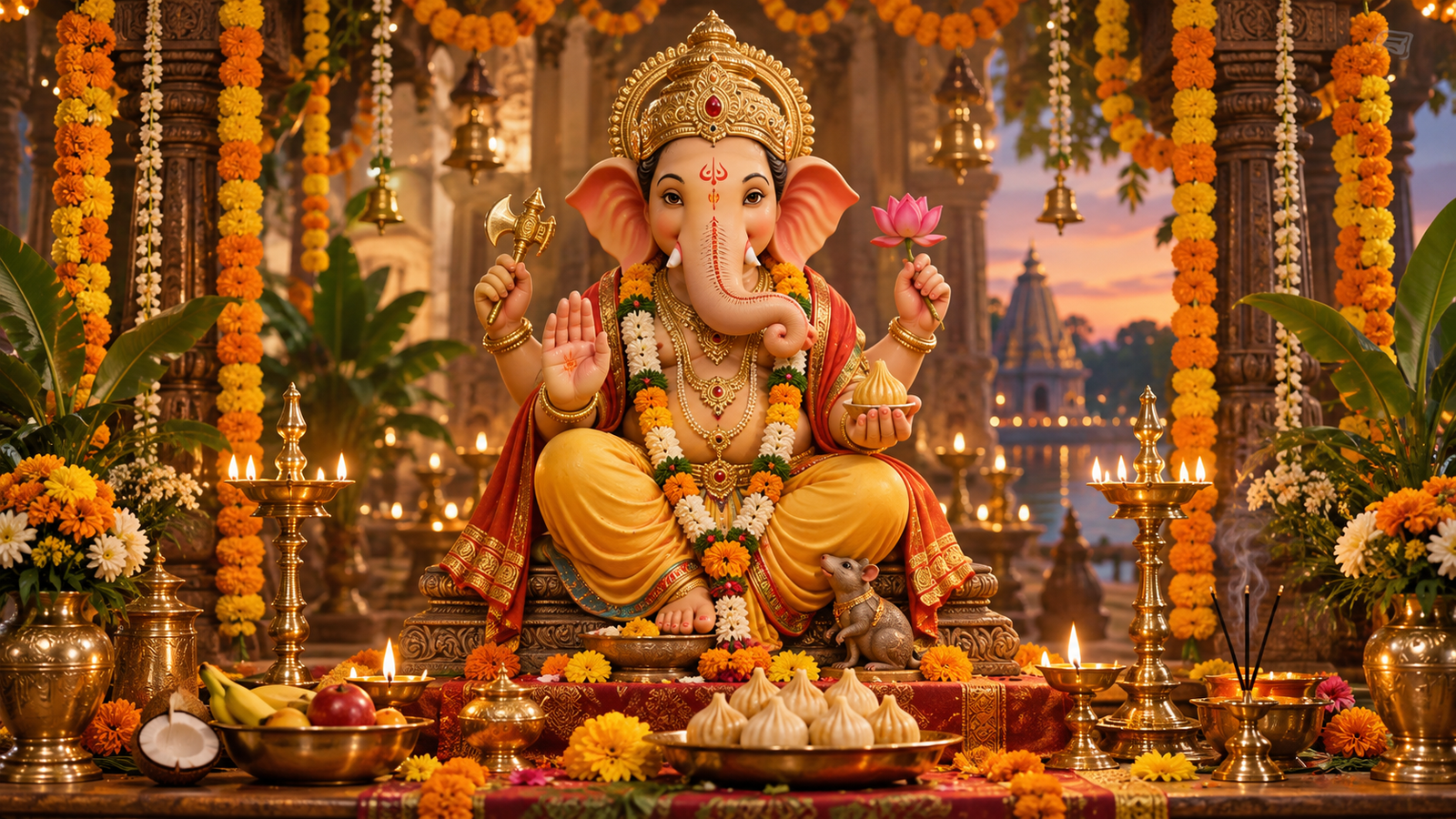 Lord Ganesha seated at a festive altar surrounded by marigold garlands, glowing brass lamps, and modak offerings.