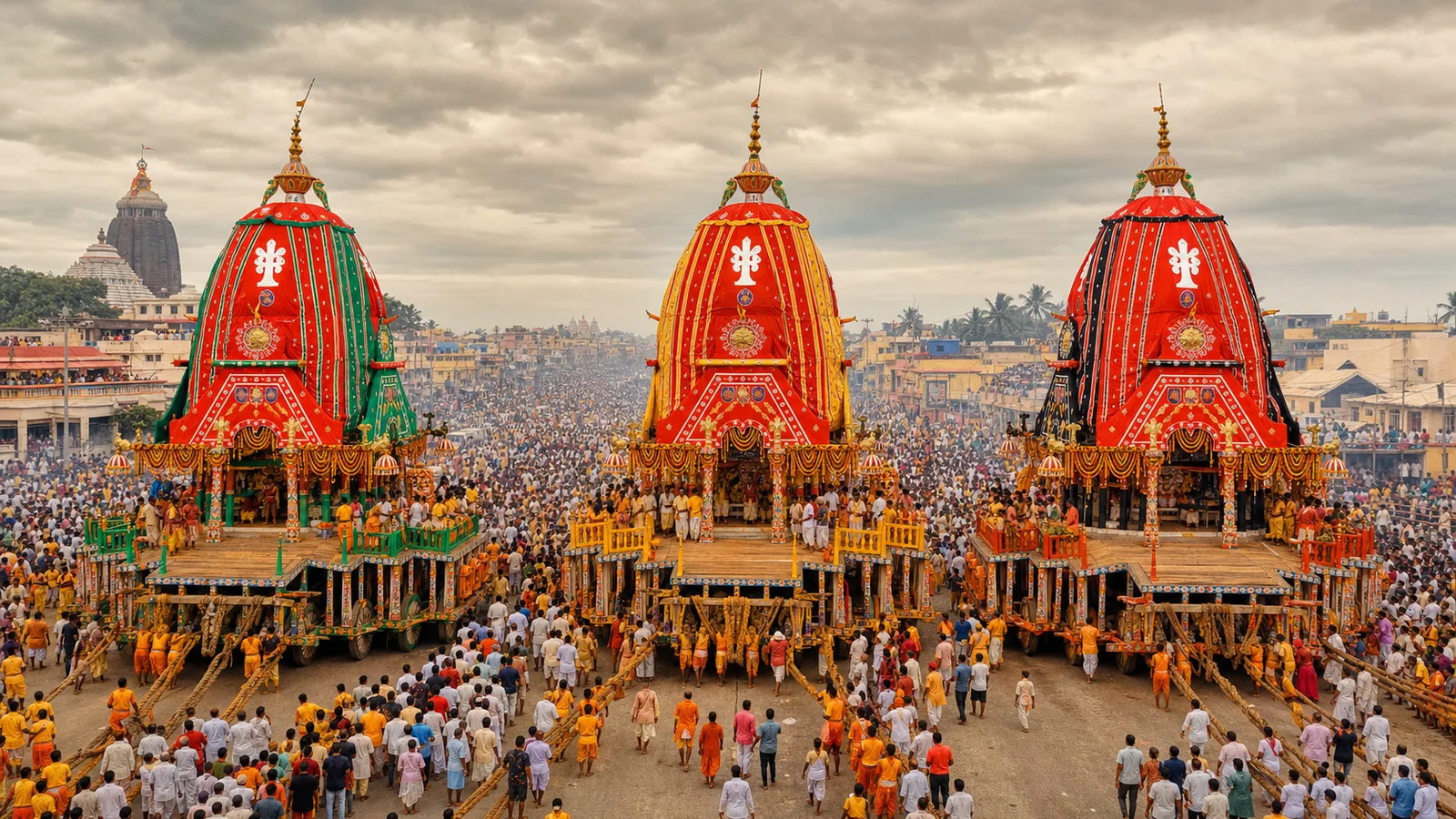 The three sacred chariots of Jagannath, Balabhadra and Subhadra during the Puri Rath Yatra