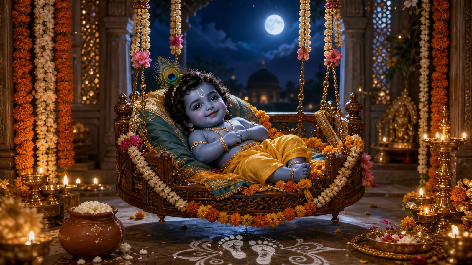 Bal Krishna resting in a flower-decorated wooden cradle at midnight, surrounded by glowing diyas, marigold garlands, a butter pot and small ceremonial footprints.