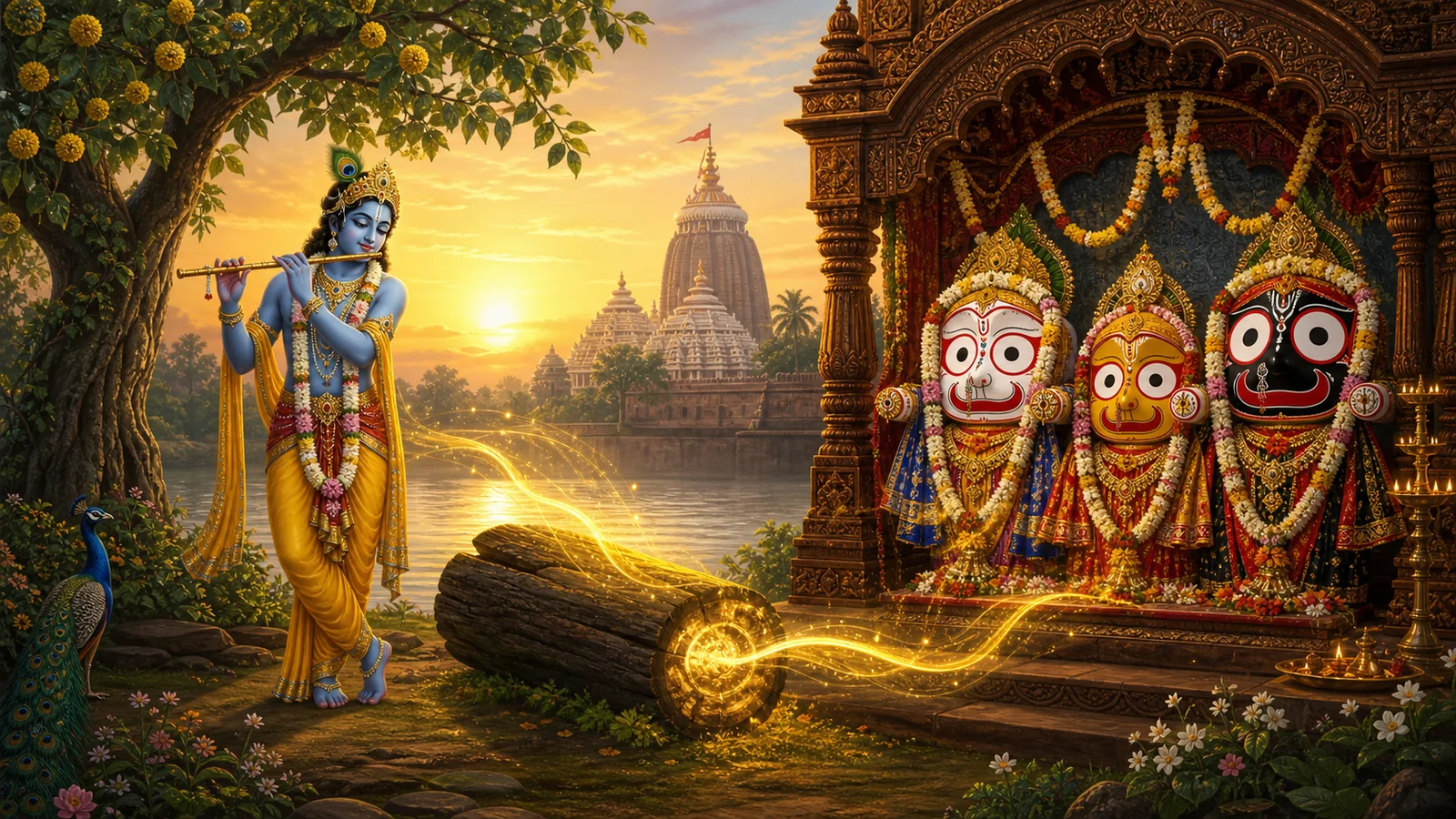 Shri Krishna playing his flute beside sacred Daru wood, linked by golden light to the traditional forms of Balabhadra, Subhadra and Jagannath near the Puri temple