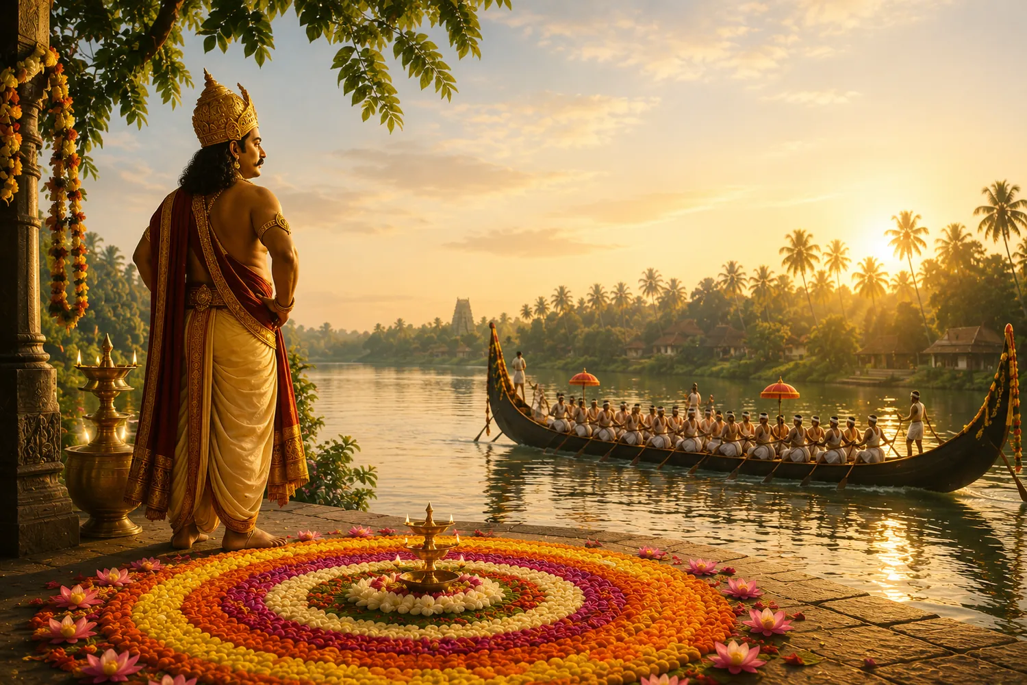 King Mahabali standing on a temple terrace beside a lit brass lamp at sunset, looking out over the Kerala backwaters as a snake boat of rowers passes, with a circular flower pookalam in the foreground and a distant temple gopuram beyond the palms.