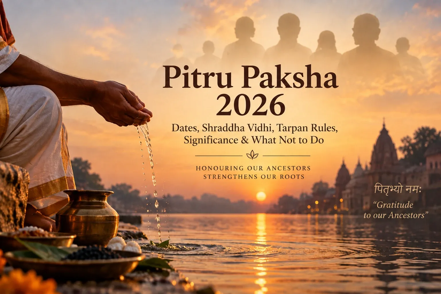 A son offering tarpan with water and black sesame seeds from a copper vessel at a riverbank ghat at dawn during Pitru Paksha, with a diya and kusha grass beside him.