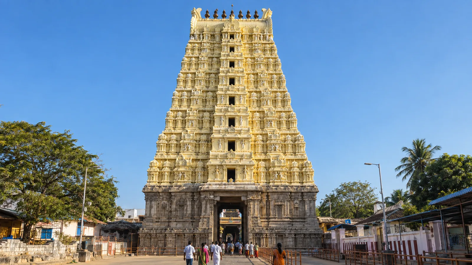 AI-generated illustration of the east gopuram of Ramanathaswamy Temple, Rameswaram — a tall cream-and-gold tiered Dravidian tower rising above a grey granite gateway, with pilgrims walking towards it under a clear sky. An illustration, not a documentary photograph.