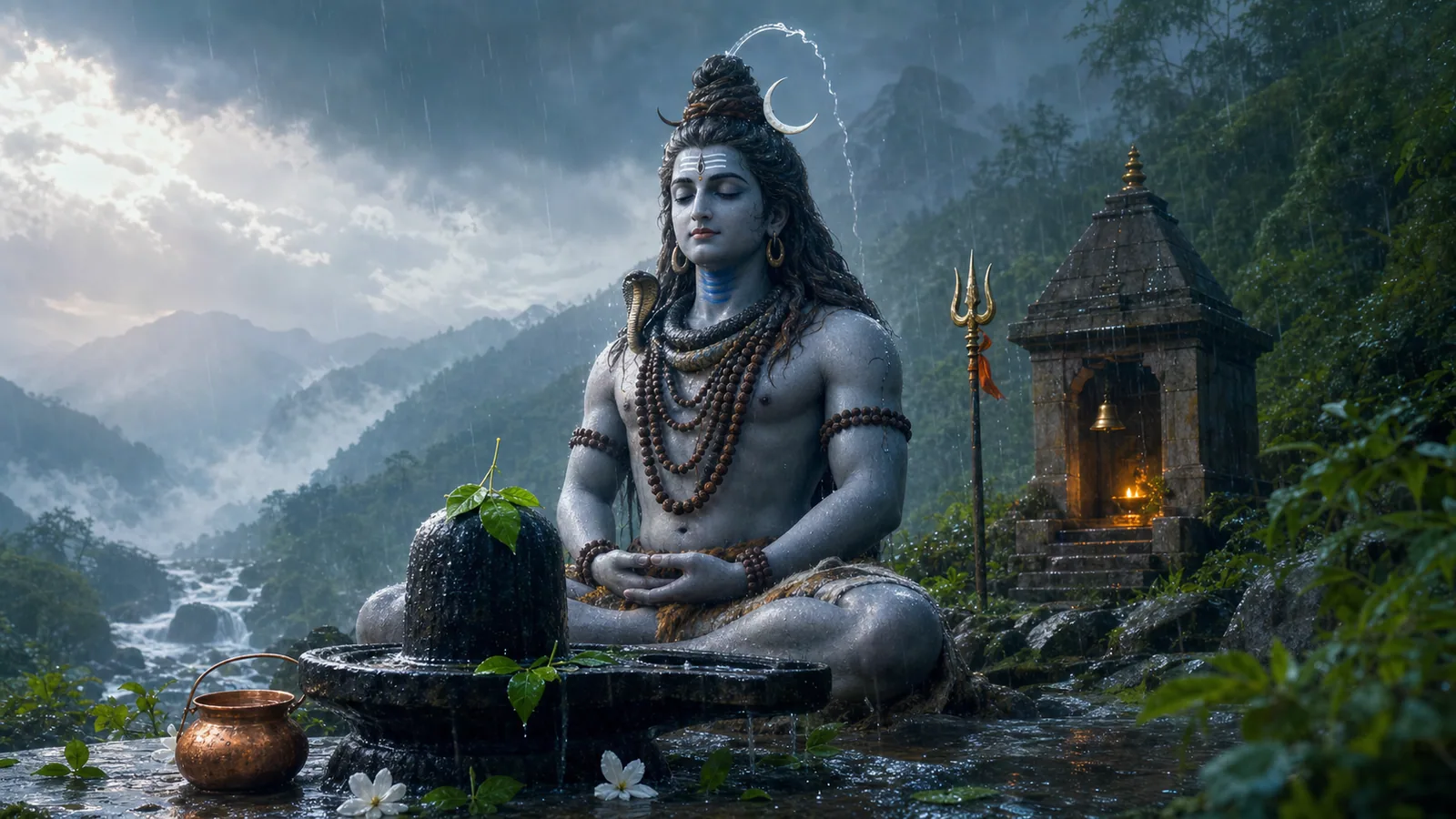 Bhagwan Shiva meditating in the Shravan monsoon rain, the Ganga flowing from his jata, beside a Shivalinga adorned with bel leaves, a copper lota and a small mountain temple.